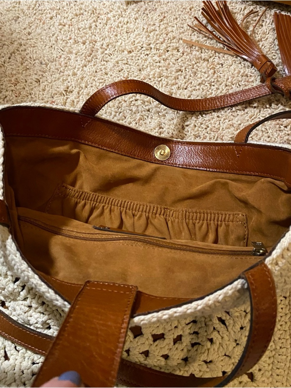 Neutral Crochet Tote Bag with Brown Tassel Straps - Patricia Nash. - Picture 10 of 12